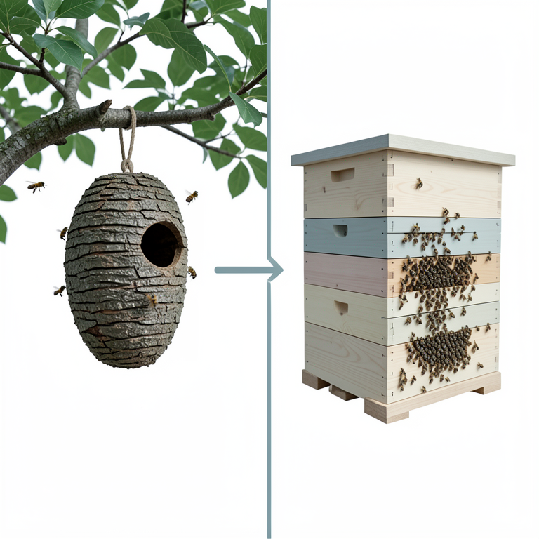 AI-generated conceptual illustration (African honey bees (Apis mellifera scutellata) and beehives in Ethiopia). It explains the idea and does not show study data.