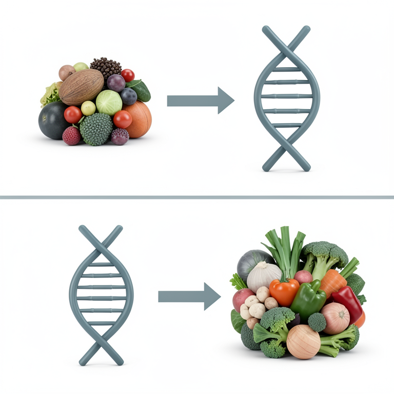 AI-generated conceptual illustration (Human DNA double helix and various whole foods (avocados, nuts, berries, fish)). It explains the idea and does not show study data.