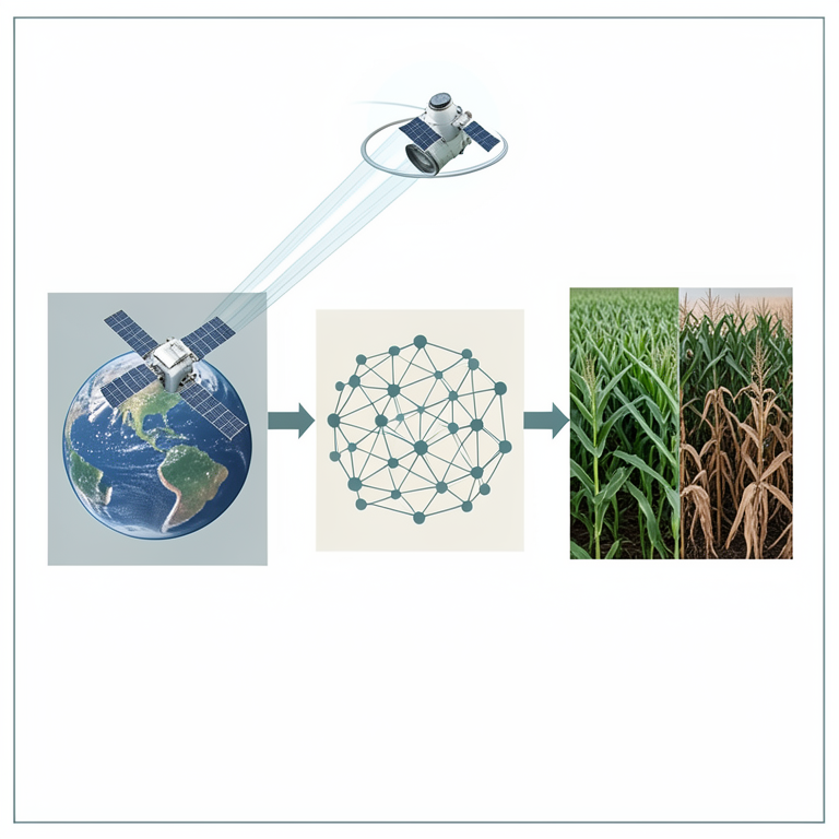 AI-generated conceptual illustration (maize fields and orbiting satellites). It explains the idea and does not show study data.
