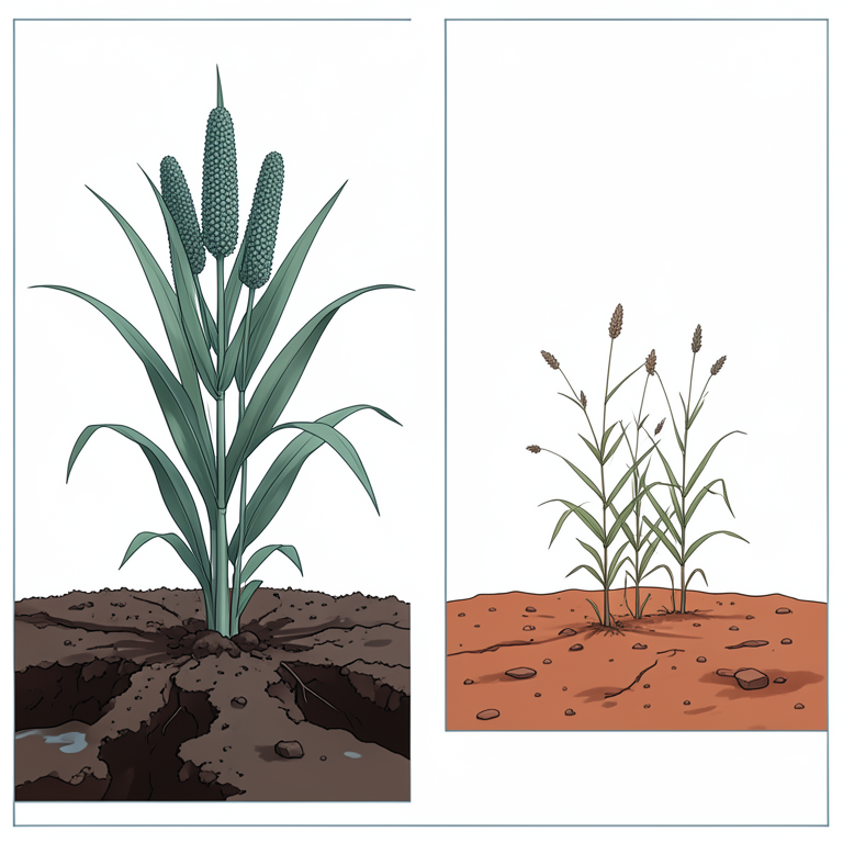 AI-generated conceptual illustration (Pearl millet plants in alluvial and laterite soils). It explains the idea and does not show study data.