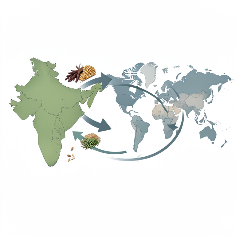 AI-generated conceptual illustration (Organic agricultural products from India). It explains the idea and does not show study data.