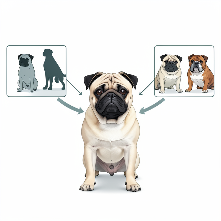 AI-generated conceptual illustration (Brachycephalic dogs (specifically Pugs)). It explains the idea and does not show study data.