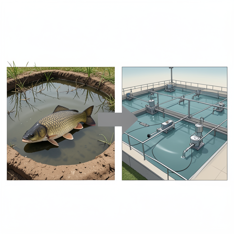 AI-generated conceptual illustration (Rohu fish (Labeo rohita) in aquaculture ponds). It explains the idea and does not show study data.