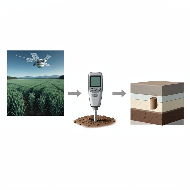 AI-generated conceptual illustration (Agricultural soil profile with a satellite and moisture sensors). It explains the idea and does not show study data.
