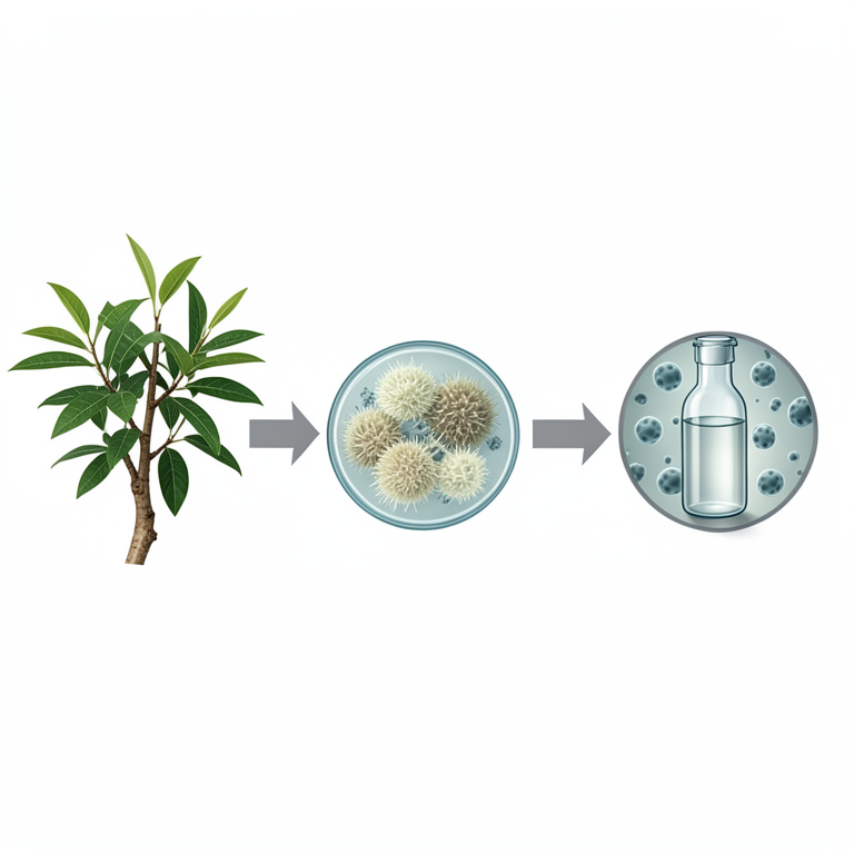 AI-generated conceptual illustration (Neem tree leaves and bark, endophytic fungi, and cancer cell cultures). It explains the idea and does not show study data.