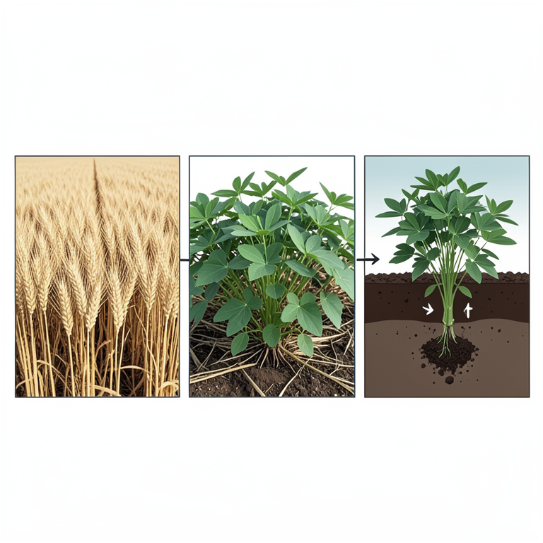 AI-generated conceptual illustration (tropical legume green manure crops in a wheat field). It explains the idea and does not show study data.