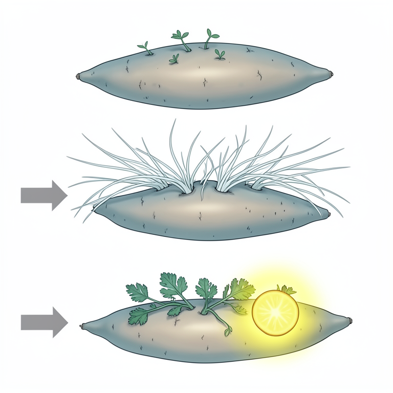 AI-generated conceptual illustration (potato tubers and sprouts). It explains the idea and does not show study data.
