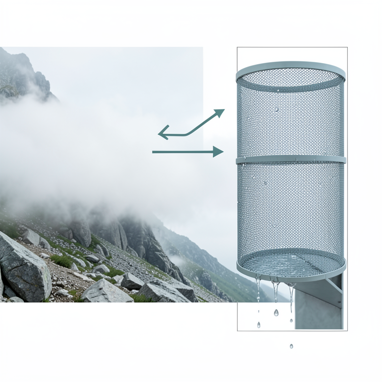 AI-generated conceptual illustration (cylindrical Raschel mesh fog collector on a coastal mountain slope in the Atacama desert). It explains the idea and does not show study data.