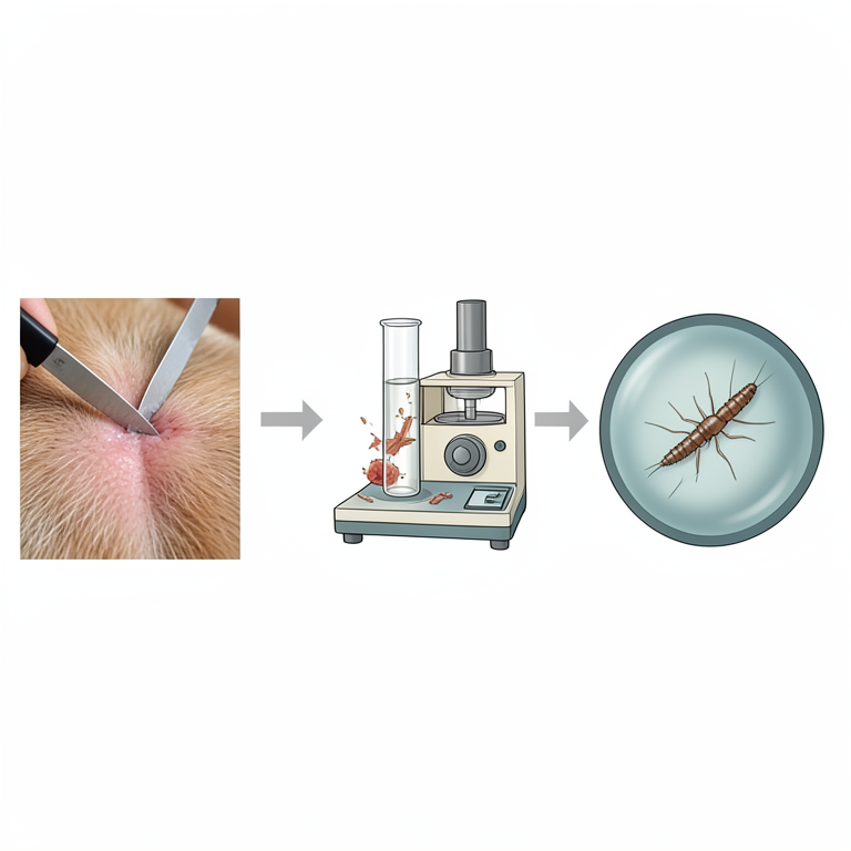 AI-generated conceptual illustration (Canine skin tissue and Demodex mites). It explains the idea and does not show study data.
