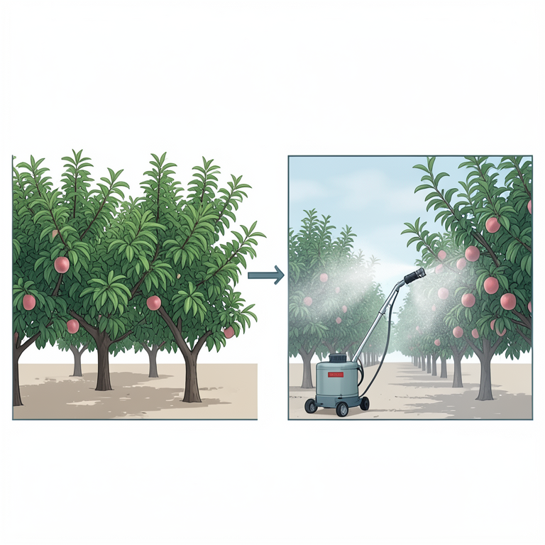 AI-generated conceptual illustration (Peach trees in an orchard). It explains the idea and does not show study data.
