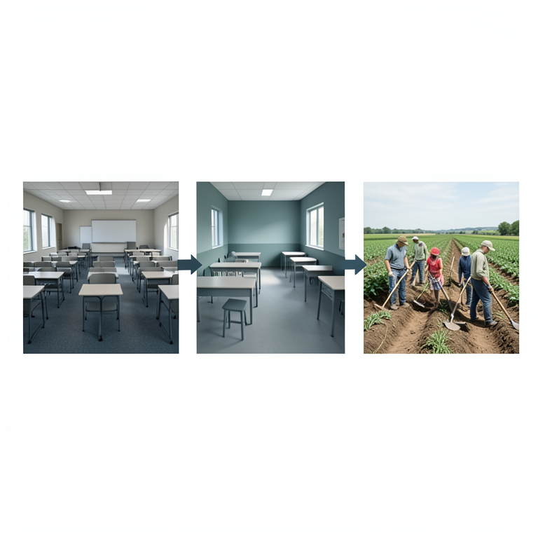 AI-generated conceptual illustration (Agricultural diploma students in a campus setting). It explains the idea and does not show study data.
