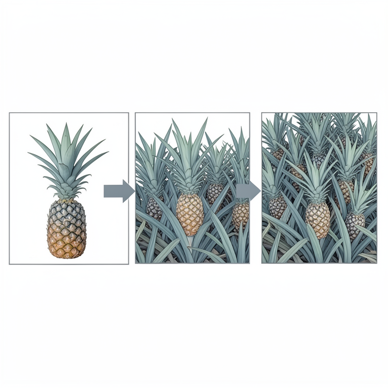 AI-generated conceptual illustration (Ananas comosus (pineapple plants)). It explains the idea and does not show study data.