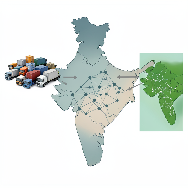 AI-generated conceptual illustration (A map of India with urban market centers and rural trade networks). It explains the idea and does not show study data.
