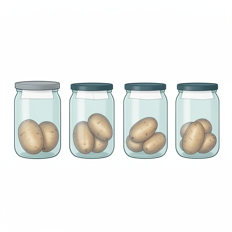 AI-generated conceptual illustration (potato tubers (Solanum tuberosum L.) in airtight glass jars). It explains the idea and does not show study data.