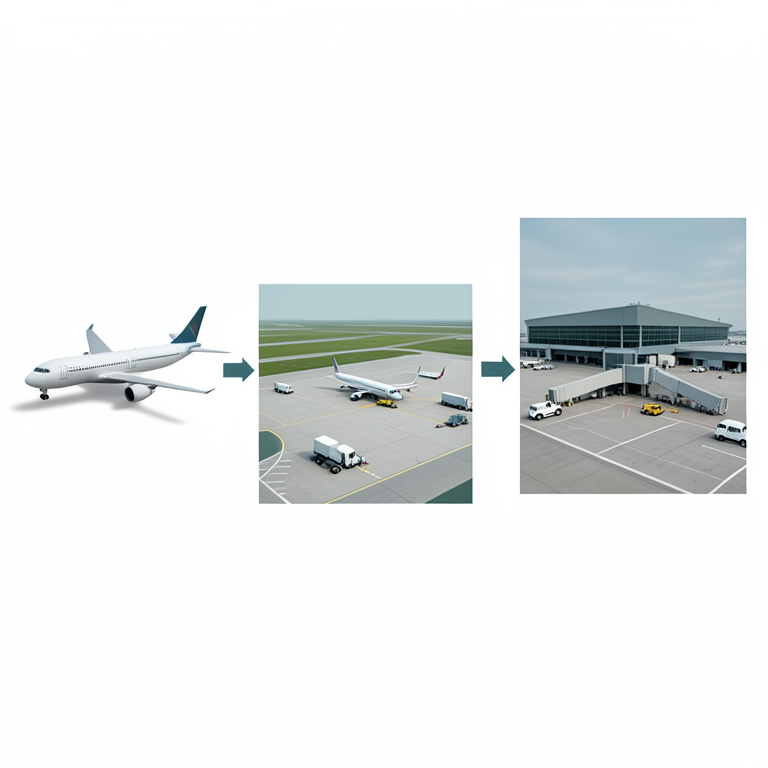 AI-generated conceptual illustration (Commercial jet aircraft and airport ground infrastructure). It explains the idea and does not show study data.