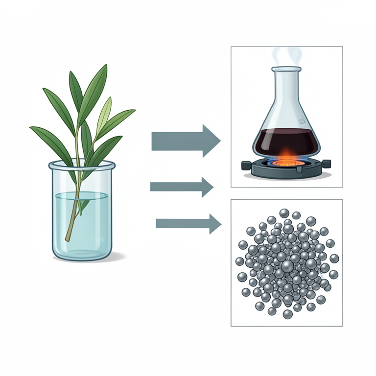 AI-generated conceptual illustration (Olea europaea leaves and Co3Cr2NiO8 nanocomposites). It explains the idea and does not show study data.