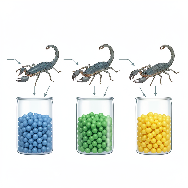 AI-generated conceptual illustration (Three species of scorpions (Tityus tamulus, Androctonus crassicauda, and Hottentotta bengalensis)). It explains the idea and does not show study data.