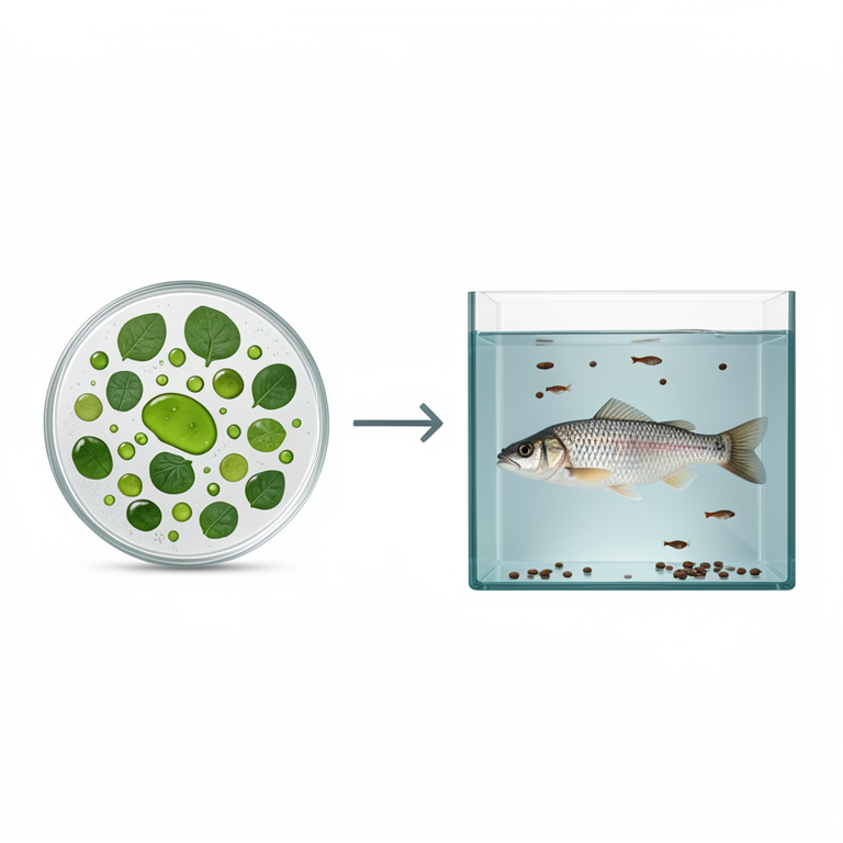 AI-generated conceptual illustration (Nile tilapia fingerlings and herbal leaf extracts). It explains the idea and does not show study data.