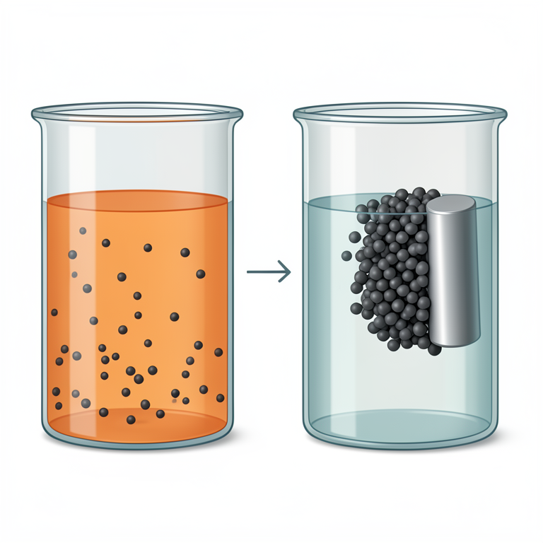 AI-generated conceptual illustration (magnetic Fe3O4-chitosan composite beads in water). It explains the idea and does not show study data.