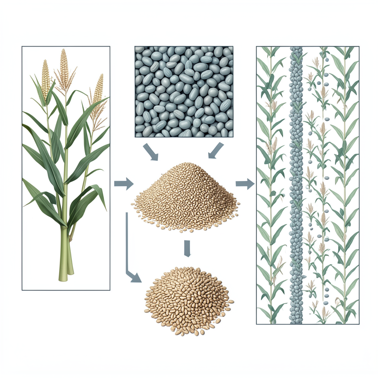 AI-generated conceptual illustration (Maize and common bean plants in a field). It explains the idea and does not show study data.
