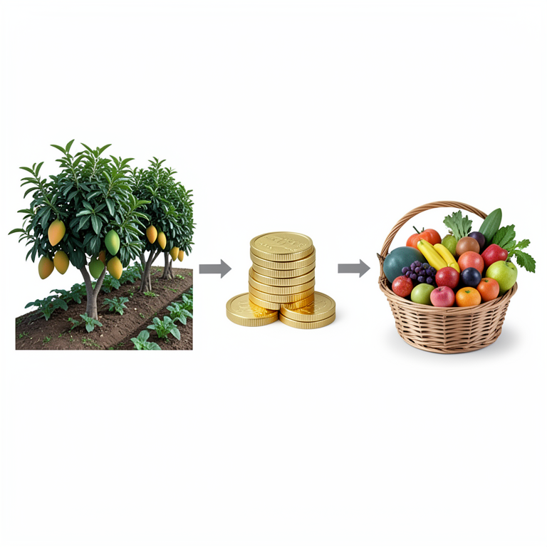 AI-generated conceptual illustration (High-value fruit trees and vegetable crops in a rural Bangladeshi farm setting). It explains the idea and does not show study data.