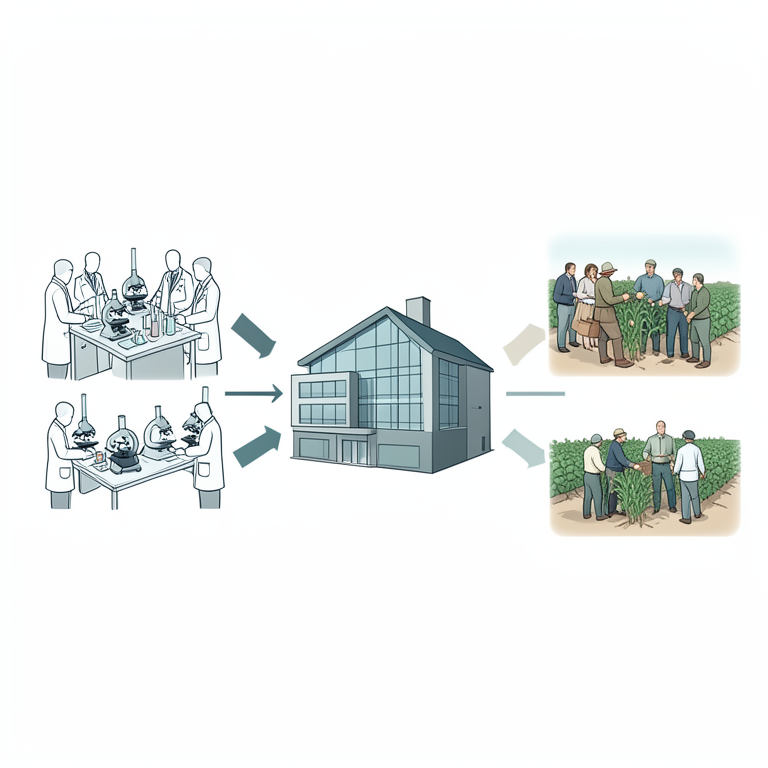 AI-generated conceptual illustration (Agricultural scientists and rural farmers). It explains the idea and does not show study data.
