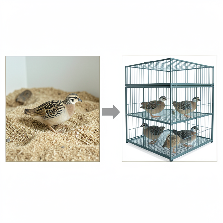 AI-generated conceptual illustration (Japanese quail in floor pens and wire cages). It explains the idea and does not show study data.