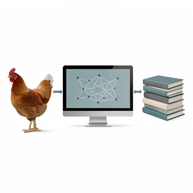 AI-generated conceptual illustration (broiler chickens and a computer workstation). It explains the idea and does not show study data.