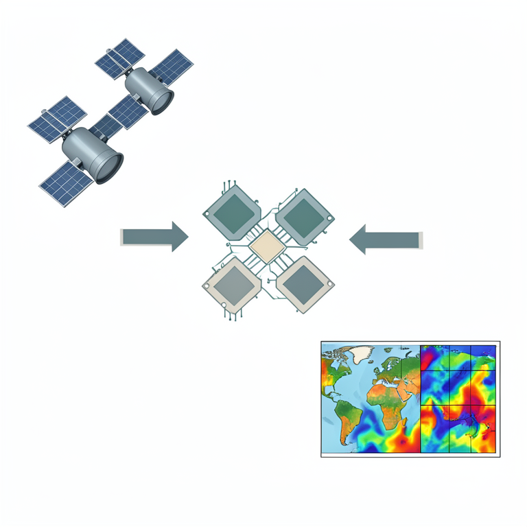 AI-generated conceptual illustration (Earth observation satellites and global climate maps). It explains the idea and does not show study data.