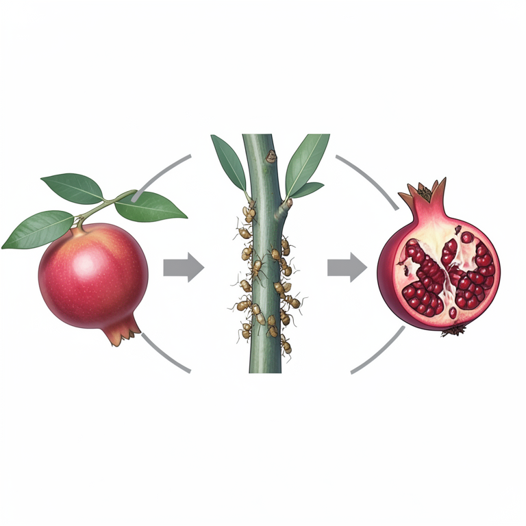 AI-generated conceptual illustration (pomegranate plants and Aphis punicae aphids). It explains the idea and does not show study data.