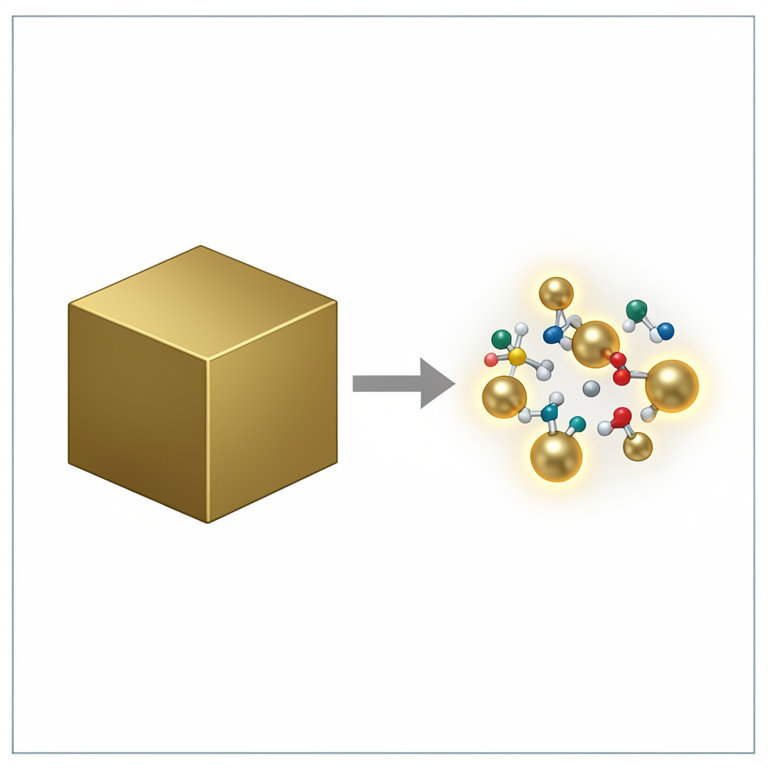 AI-generated conceptual illustration (gold nanoparticles and bulk gold material). It explains the idea and does not show study data.
