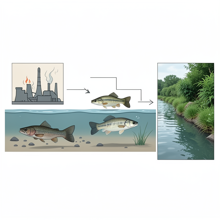 AI-generated conceptual illustration (various river fish species (bottom-dwelling catfish, mid-water cyprinids, and apex predatory bass) in a riverine habitat). It explains the idea and does not show study data.