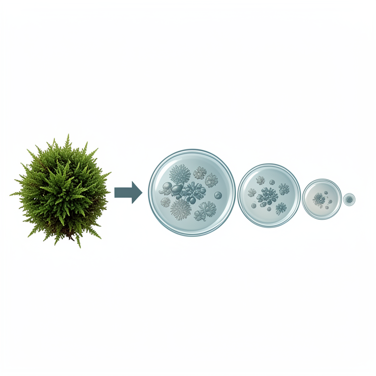 AI-generated conceptual illustration (Hydrogonium moss and fungal colonies in petri dishes). It explains the idea and does not show study data.