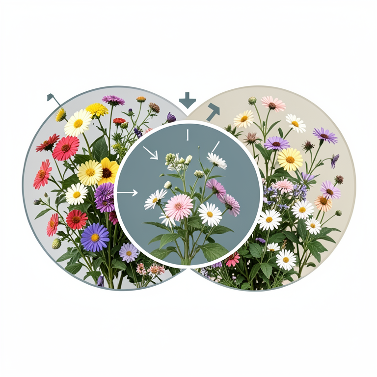 AI-generated conceptual illustration (Various flowering plants including Lamiaceae, Nymphaeaceae, Zingiberaceae, and Asteraceae species). It explains the idea and does not show study data.