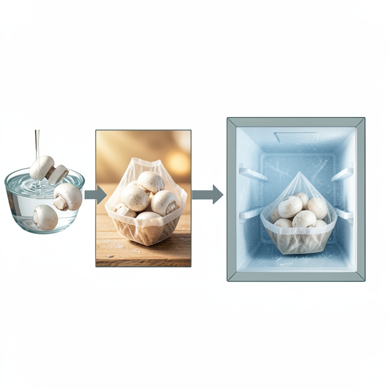 AI-generated conceptual illustration (white button mushrooms (Agaricus bisporus) in biodegradable sugarcane bagasse trays with bio-film wrap). It explains the idea and does not show study data.