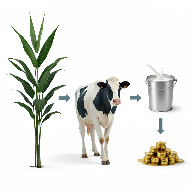 AI-generated conceptual illustration (Super Napier grass and Holstein Friesian cows). It explains the idea and does not show study data.