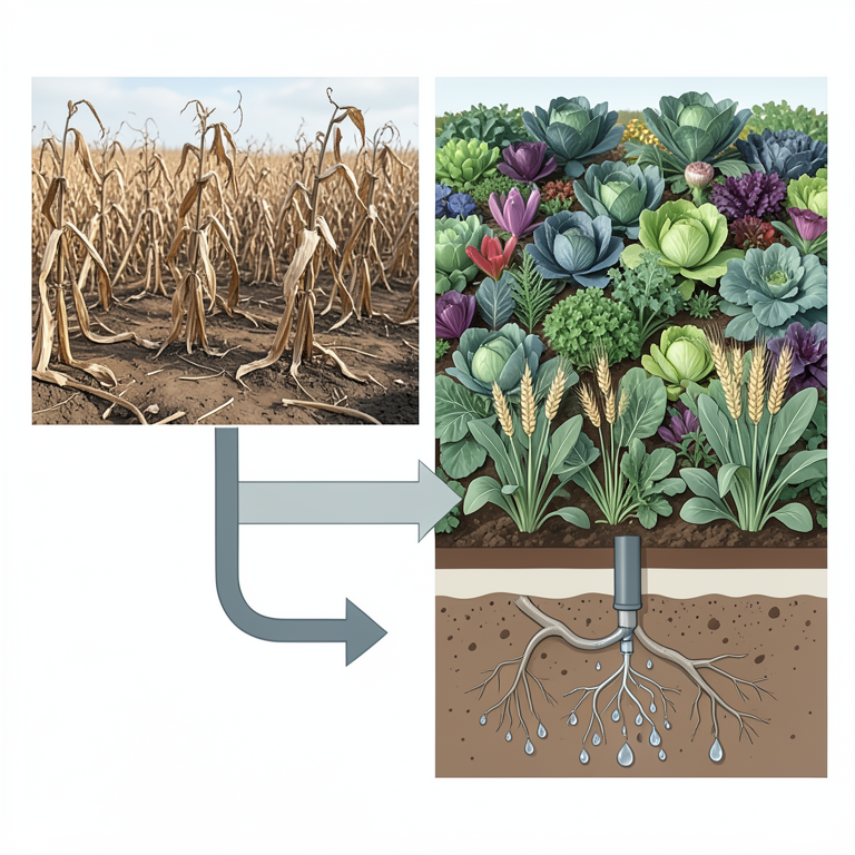 AI-generated conceptual illustration (Diverse crop fields with drip irrigation systems). It explains the idea and does not show study data.