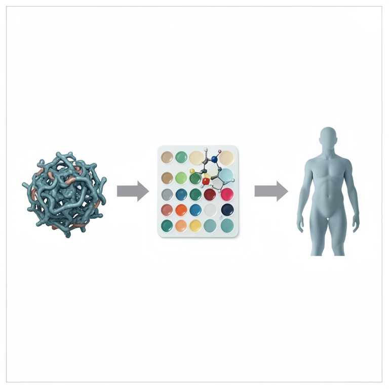 AI-generated conceptual illustration (human biological systems and chemical compounds). It explains the idea and does not show study data.