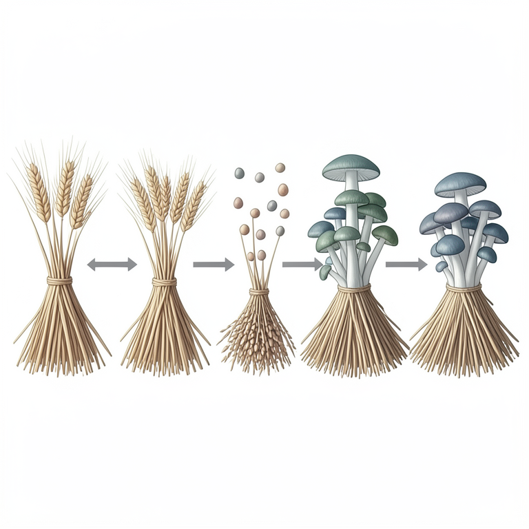 AI-generated conceptual illustration (Oyster mushrooms (Pleurotus ostreatus) growing on various agricultural straws). It explains the idea and does not show study data.