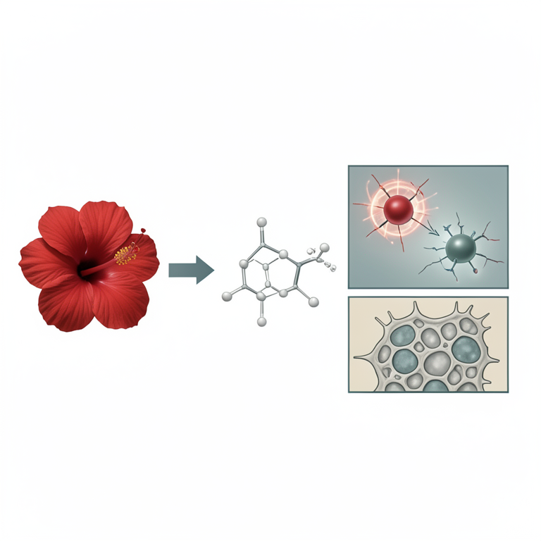 AI-generated conceptual illustration (Hibiscus rosa-sinensis flower and flavonoid molecule). It explains the idea and does not show study data.