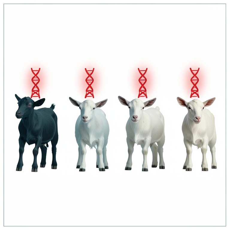 AI-generated conceptual illustration (Goat kids of Galla, Saanen, Alpine, and Toggenburg breeds). It explains the idea and does not show study data.