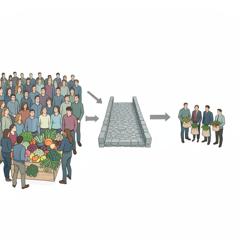 AI-generated conceptual illustration (Urban consumers and organic produce in a city market setting). It explains the idea and does not show study data.