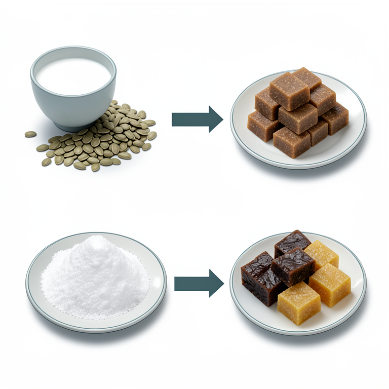AI-generated conceptual illustration (pumpkin seed burfi (Indian milk-based fudge) and various jaggery types). It explains the idea and does not show study data.