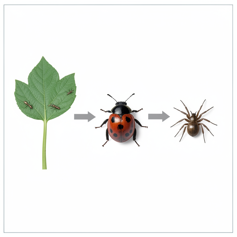 AI-generated conceptual illustration (Okra plants infested with Amrasca biguttula biguttula jassids, coccinellid beetles, and spiders). It explains the idea and does not show study data.