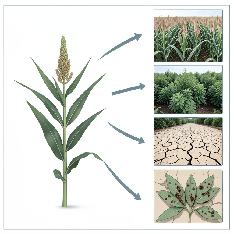 AI-generated conceptual illustration (Sorghum bicolor landraces). It explains the idea and does not show study data.