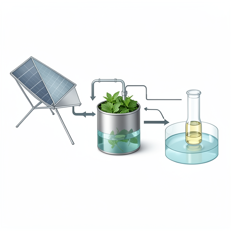 AI-generated conceptual illustration (Scheffler solar concentrator, distillation still, and condenser for medicinal plant oil extraction). It explains the idea and does not show study data.