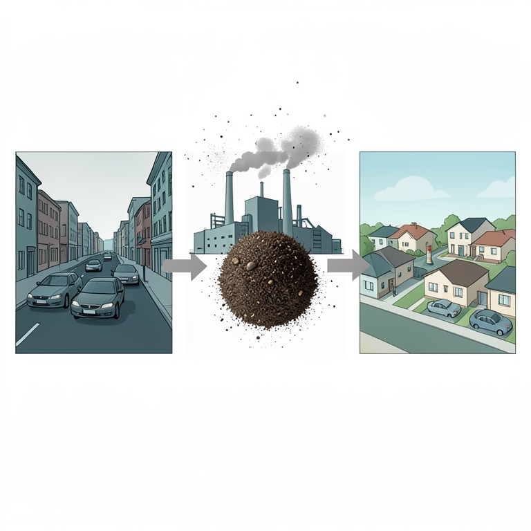 AI-generated conceptual illustration (Urban atmospheric particulate matter from vehicular and industrial sources). It explains the idea and does not show study data.