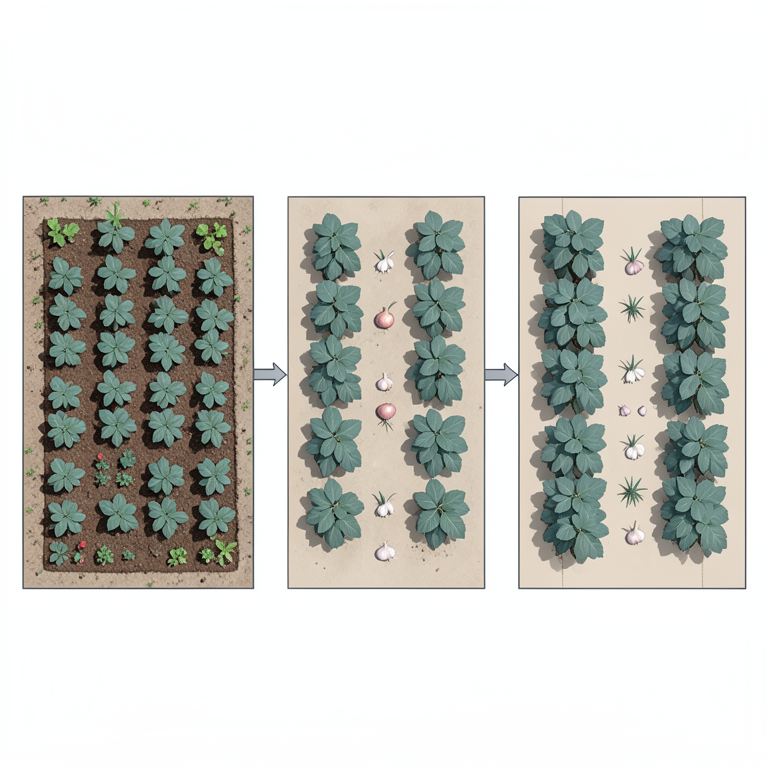AI-generated conceptual illustration (Mulberry plants and intercrops (garlic, onion, potato, fenugreek, and funnel gourd) in a field). It explains the idea and does not show study data.