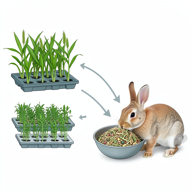 AI-generated conceptual illustration (hydroponic maize, barley, and cowpea fodder and domestic rabbits). It explains the idea and does not show study data.
