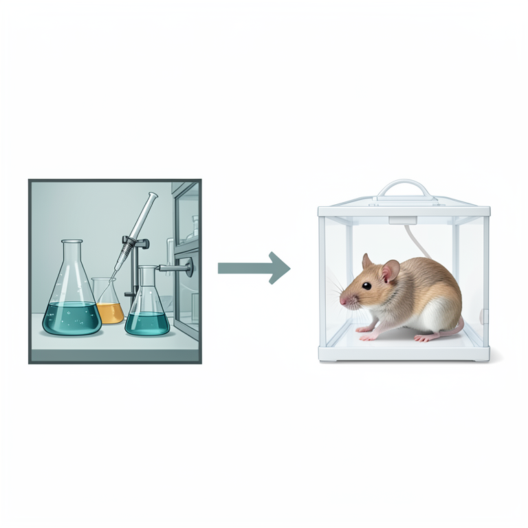 AI-generated conceptual illustration (immunocompromised mice and laboratory cell culture equipment). It explains the idea and does not show study data.